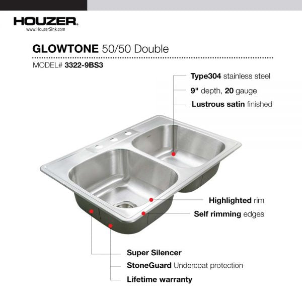 Houzer 33" Stainless Steel Topmount Double Bowl Kitchen Sink, 3322-9BS3-1 - The Sink Boutique
