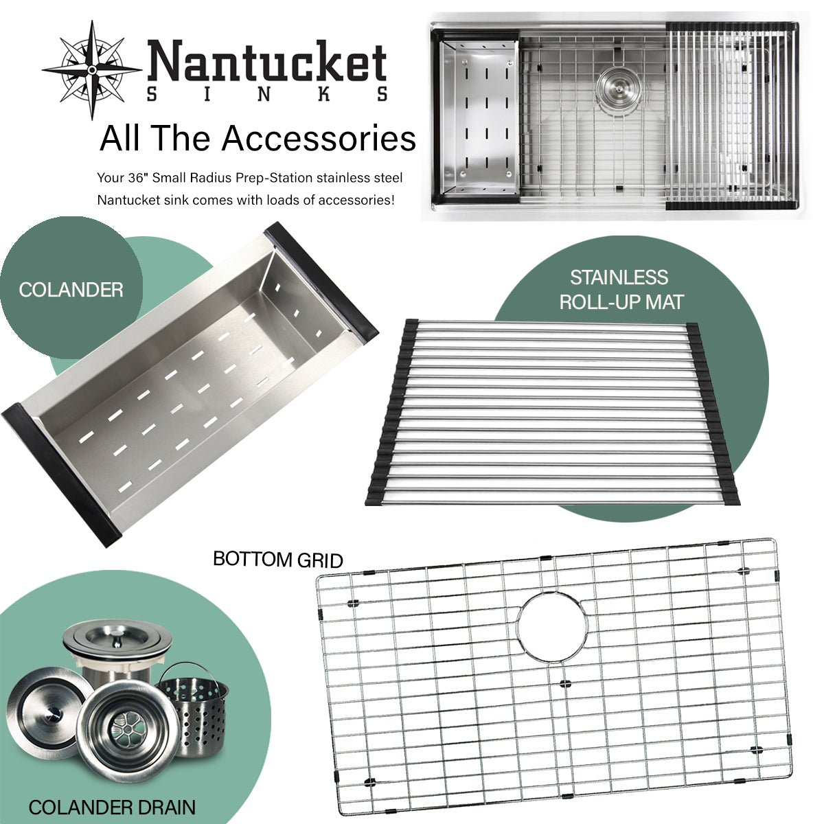 Nantucket Sinks Pro Series 36" Undermount 304 Stainless Steel Kitchen Sink with Accessories, SR-PS-3620-16