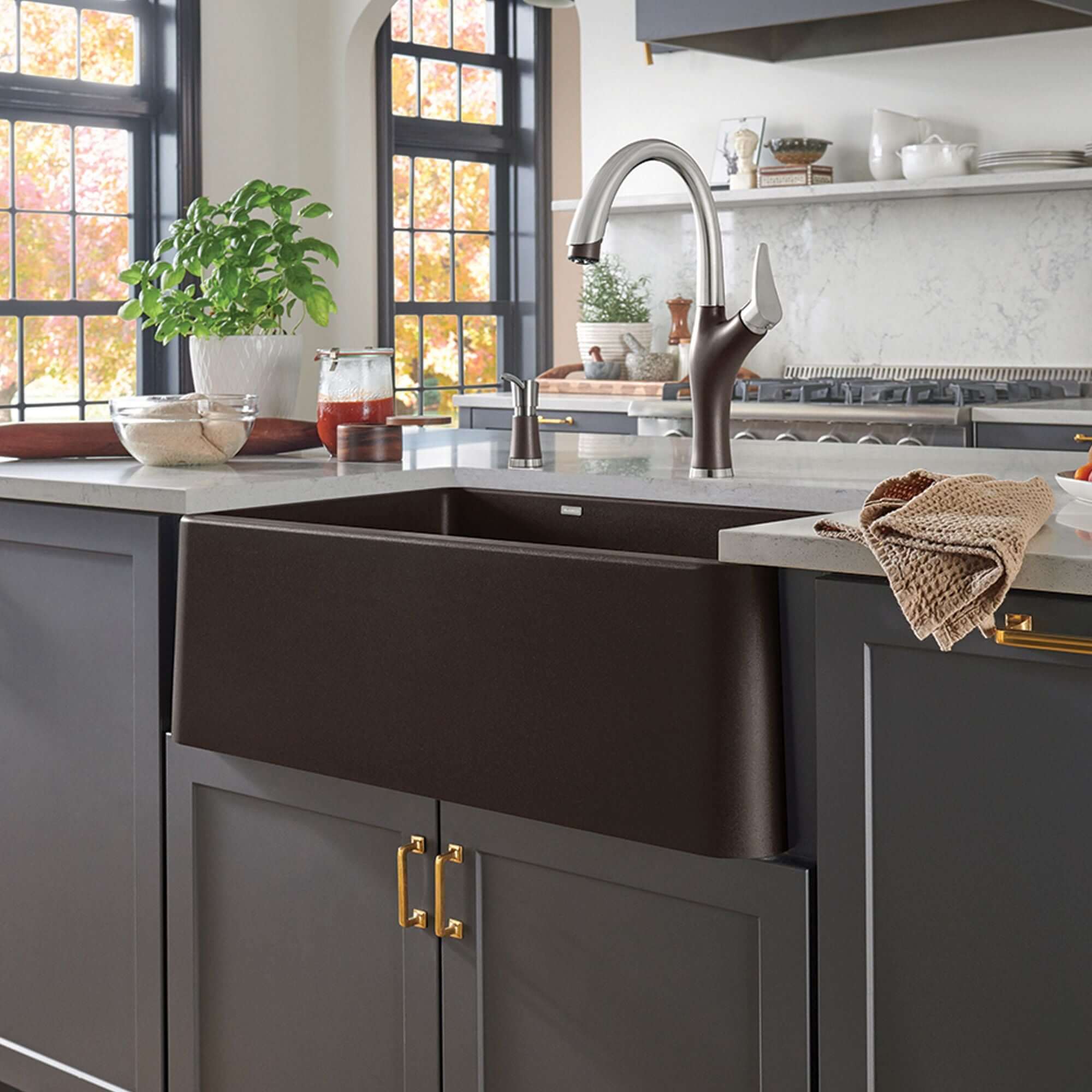 Blanco Ikon 33" Granite Composite Farmhouse Sink, Silgranit, 60/40 Double Bowl, Cafe, 402323