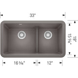 Blanco Ikon 33" Granite Composite Farmhouse Sink, Silgranit, 60/40 Double Bowl, Metallic Gray, 402325
