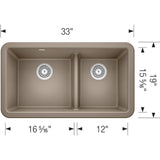 Blanco Ikon 33" Granite Composite Farmhouse Sink, Silgranit, 60/40 Double Bowl, Truffle, 402329