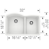 Blanco Diamond 32" Undermount Granite Composite Kitchen Sink, Silgranit, 60/40 Double Bowl, White, 440180