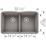 Blanco Diamond 32" Undermount Granite Composite Kitchen Sink, Silgranit, 50/50 Double Bowl, Metallic Gray, 440183