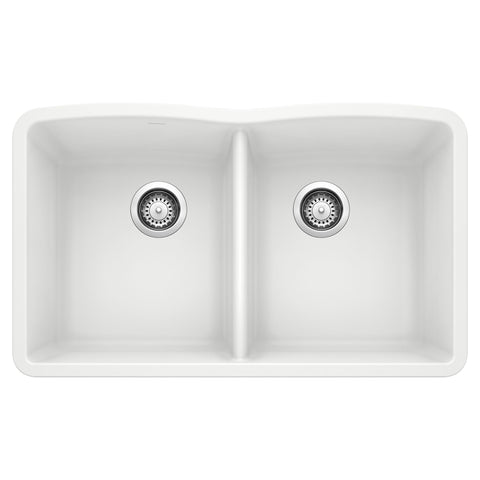 Blanco Diamond 32" Undermount Granite Composite Kitchen Sink, Silgranit, 50/50 Double Bowl, White, 440185