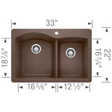 Blanco Diamond 33" Dual Mount Granite Composite Kitchen Sink, Silgranit, 60/40 Double Bowl, Cafe, 440213