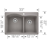 Blanco Diamond 33" Dual Mount Granite Composite Kitchen Sink, Silgranit, 60/40 Double Bowl, Metallic Gray, 440214