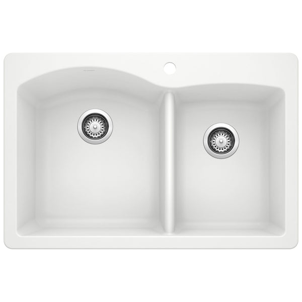 Blanco Diamond 33" Dual Mount Granite Composite Kitchen Sink, Silgranit, 60/40 Double Bowl, White, 440216