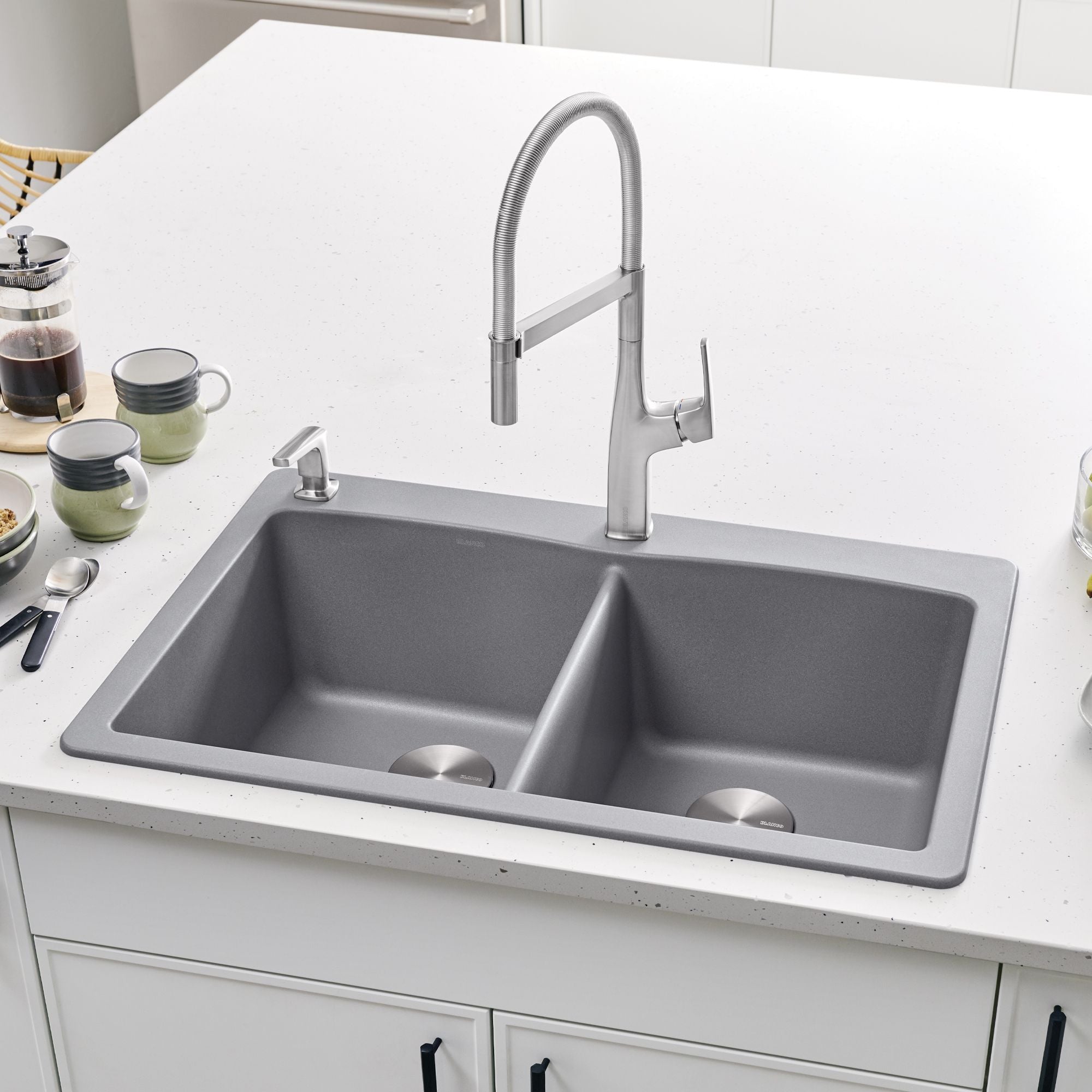 Blanco Diamond 33" Dual Mount Granite Composite Kitchen Sink, Silgranit, 50/50 Double Bowl, Metallic Gray, 440219
