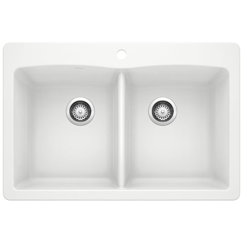 Blanco Diamond 33" Dual Mount Granite Composite Kitchen Sink, Silgranit, 50/50 Double Bowl, White, 440221