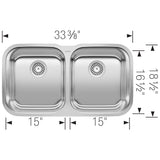 Blanco Stellar 33" Undermount Stainless Steel Kitchen Sink, 50/50 Double Bowl, 18 Gauge, 441020