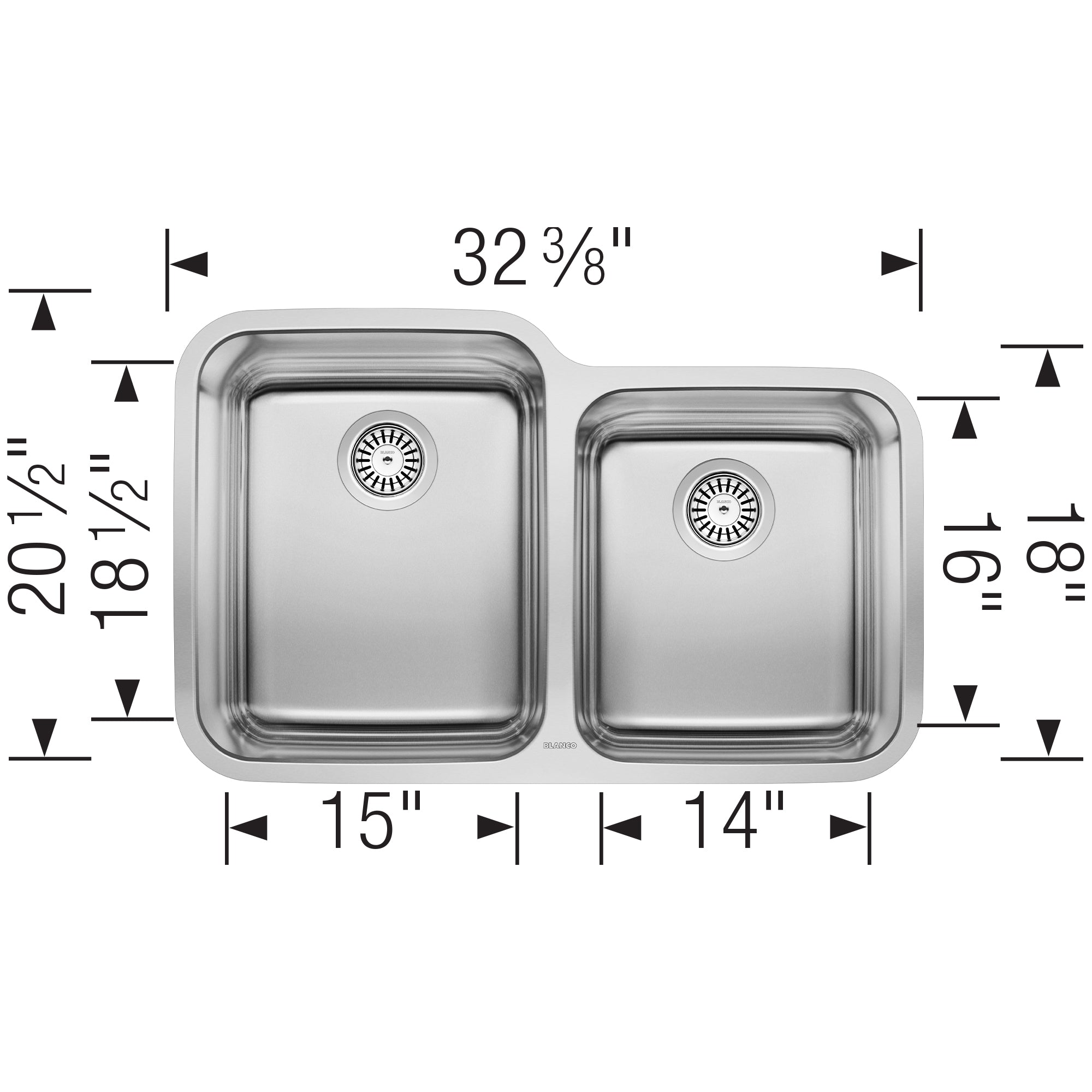 Blanco Stellar 32" Undermount Stainless Steel Kitchen Sink, 60/40 Double Bowl, 18 Gauge, Brushed Finish, 441023
