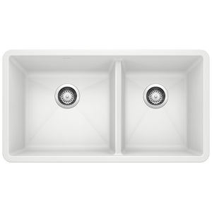 Alternate Image for Blanco Precis 33" Undermount Granite Composite Kitchen Sink, Silgranit, 60/40 Double Bowl, White, 441125