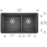 Blanco Precis 33" Undermount Granite Composite Kitchen Sink, Silgranit, 60/40 Double Bowl, Anthracite, 441128