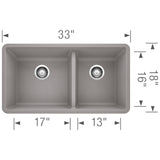 Blanco Precis 33" Undermount Granite Composite Kitchen Sink, Silgranit, 60/40 Double Bowl, Metallic Gray, 441130