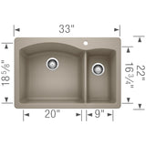 Blanco Diamond 33" Dual Mount Granite Composite Kitchen Sink, Silgranit, 70/30 Double Bowl, Truffle, 441282