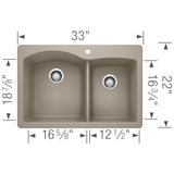 Blanco Diamond 33" Dual Mount Granite Composite Kitchen Sink, Silgranit, 60/40 Double Bowl, Truffle, 441283