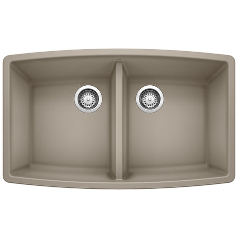 Blanco Performa 33" Undermount Granite Composite Kitchen Sink, Silgranit, 50/50 Double Bowl, Truffle, 441290