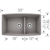 Blanco Performa 33" Undermount Granite Composite Kitchen Sink, Silgranit, 60/40 Double Bowl, Metallic Gray, 441309