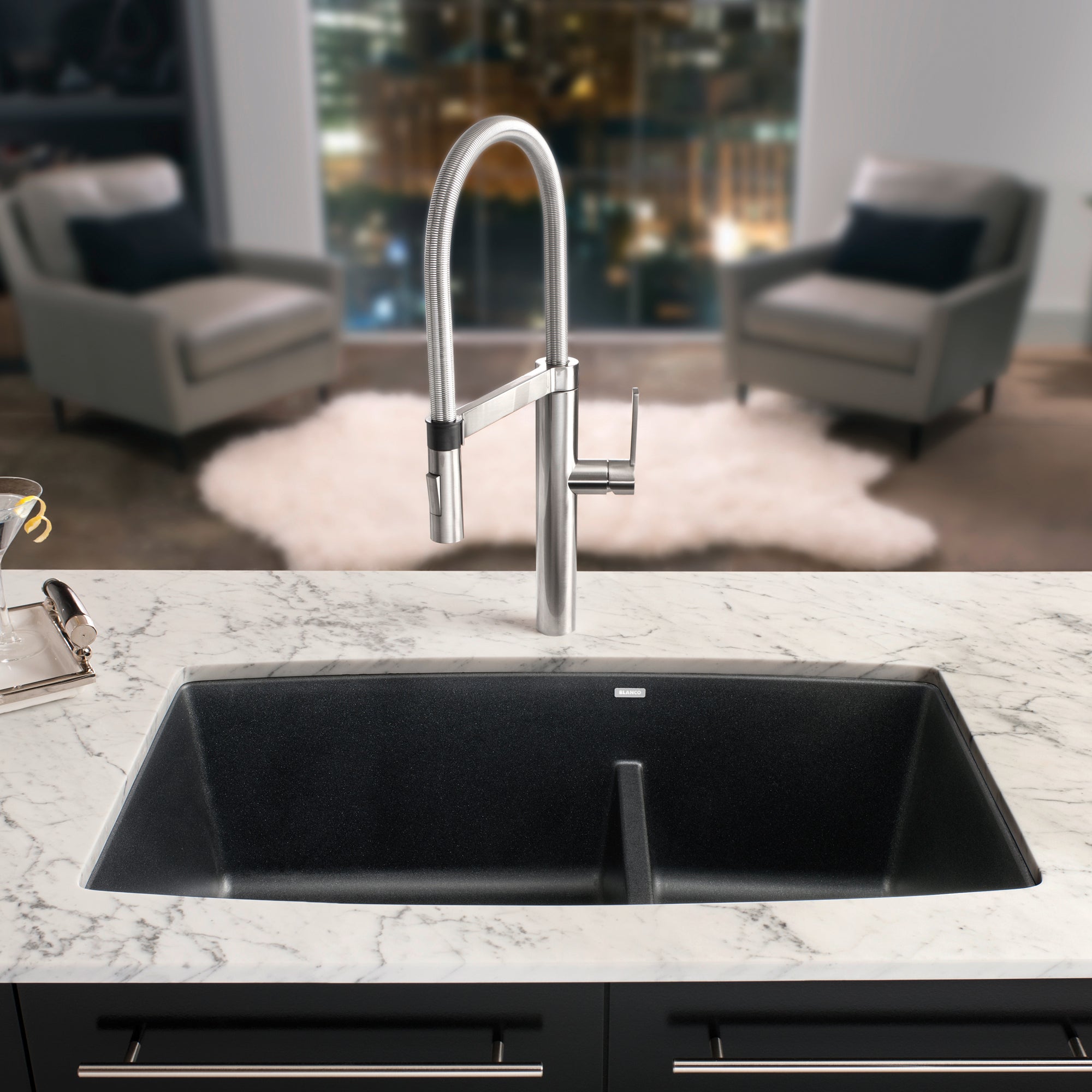 Blanco Performa 33" Undermount Granite Composite Kitchen Sink, Silgranit, 60/40 Double Bowl, Anthracite, 441312