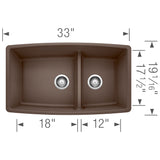 Blanco Performa 33" Undermount Granite Composite Kitchen Sink, Silgranit, 60/40 Double Bowl, Cafe, 441313