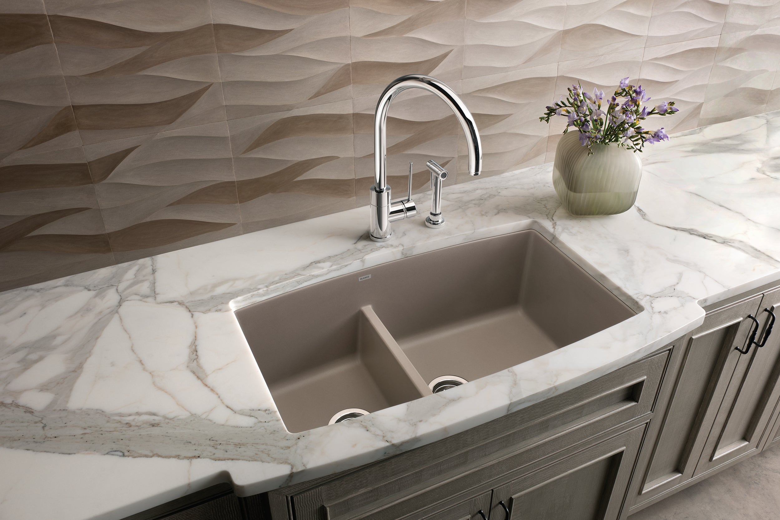 Blanco Performa 33" Undermount Granite Composite Kitchen Sink, Silgranit, 60/40 Double Bowl, Truffle, 441315