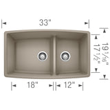 Blanco Performa 33" Undermount Granite Composite Kitchen Sink, Silgranit, 60/40 Double Bowl, Truffle, 441315