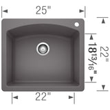 Blanco Diamond 25" Dual Mount Granite Composite Kitchen Sink, Silgranit, Cinder, 441463