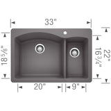 Blanco Diamond 33" Dual Mount Granite Composite Kitchen Sink, Silgranit, 70/30 Double Bowl, Cinder, 441464