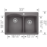 Blanco Diamond 33" Dual Mount Granite Composite Kitchen Sink, Silgranit, 60/40 Double Bowl, Cinder, 441465