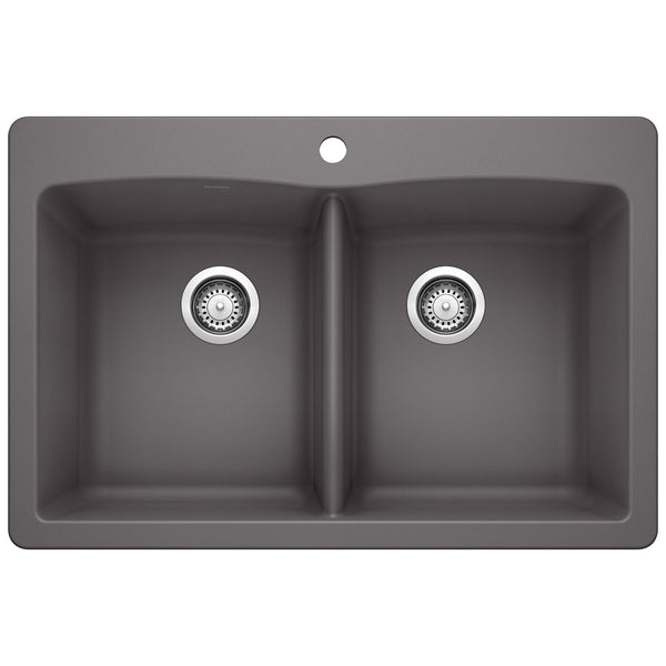 Blanco Diamond 33" Dual Mount Granite Composite Kitchen Sink, Silgranit, 50/50 Double Bowl, Cinder, 441466