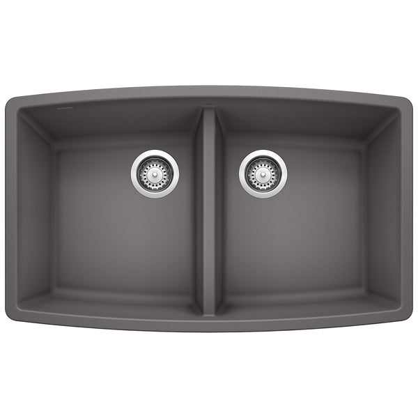 Blanco Performa 33" Undermount Granite Composite Kitchen Sink, Silgranit, 50/50 Double Bowl, Cinder, 441473