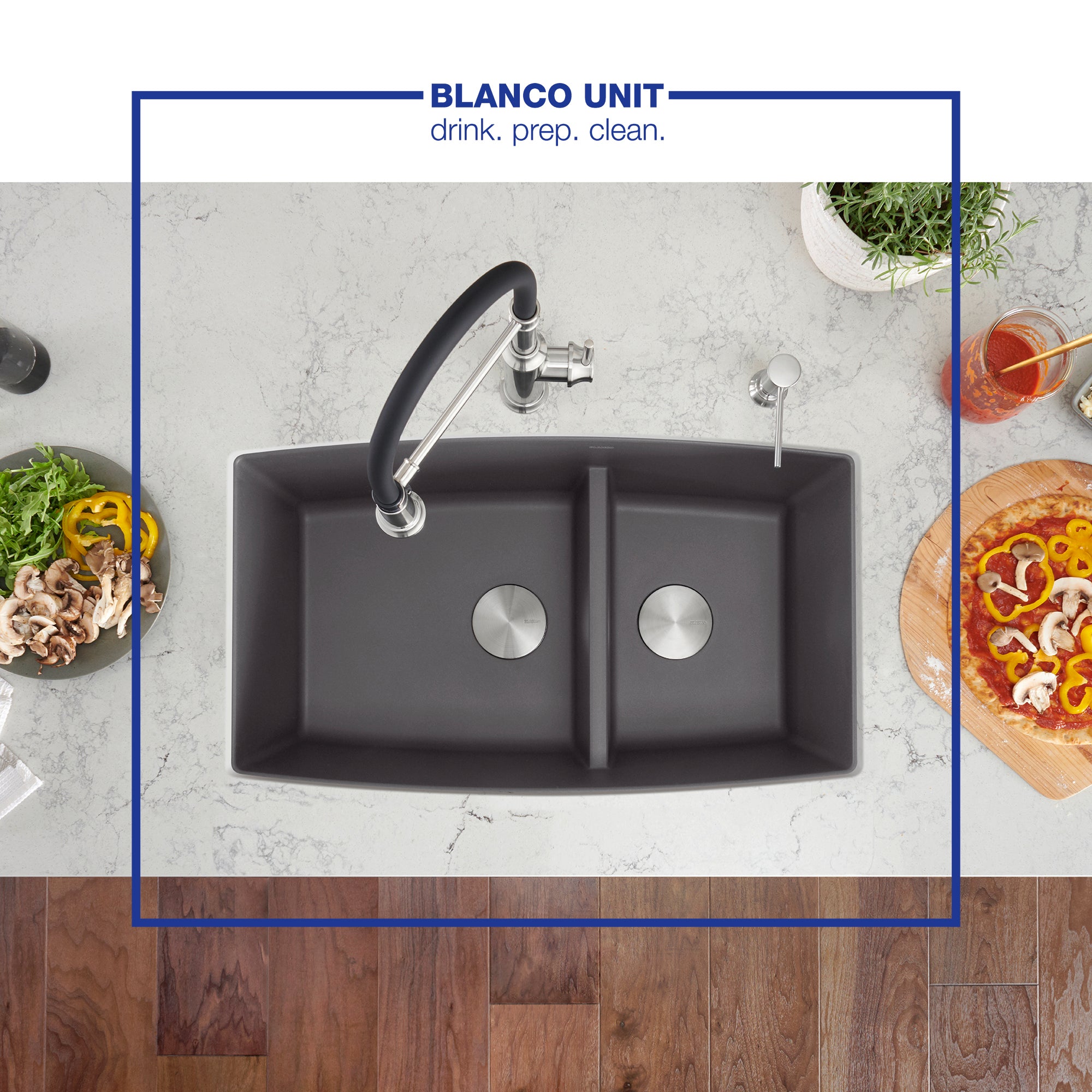 Blanco Performa 33" Undermount Granite Composite Kitchen Sink, Silgranit, 60/40 Double Bowl, Cinder, 441474