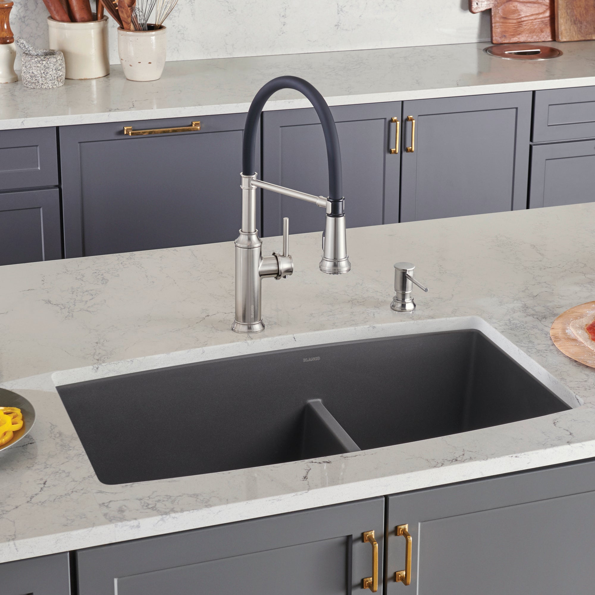 Blanco Performa 33" Undermount Granite Composite Kitchen Sink, Silgranit, 60/40 Double Bowl, Cinder, 441474