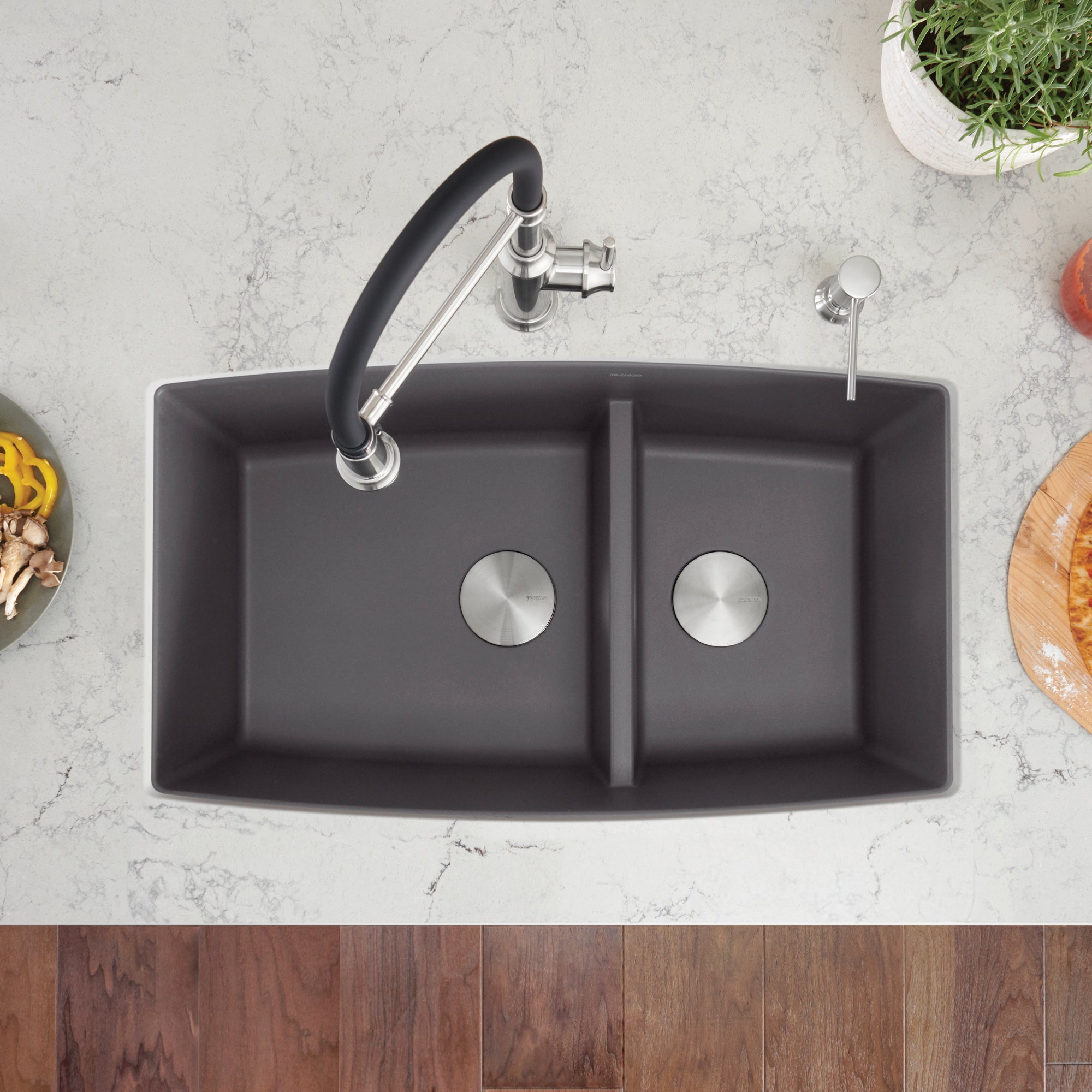 Blanco Performa 33" Undermount Granite Composite Kitchen Sink, Silgranit, 60/40 Double Bowl, Cinder, 441474