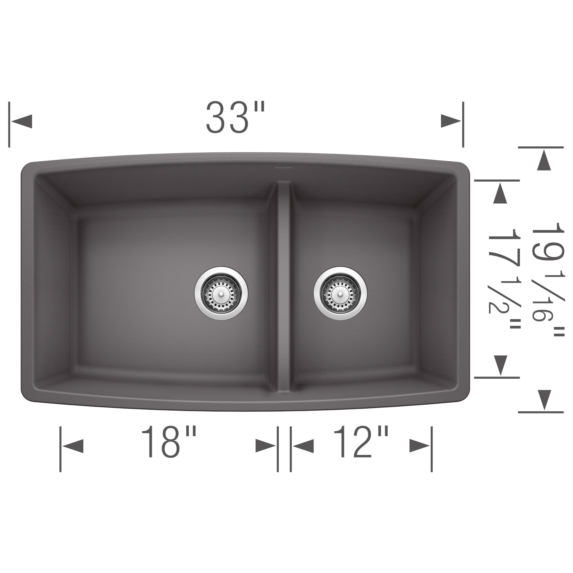Blanco Performa 33" Undermount Granite Composite Kitchen Sink, Silgranit, 60/40 Double Bowl, Cinder, 441474