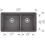 Blanco Precis 33" Undermount Granite Composite Kitchen Sink, Silgranit, 60/40 Double Bowl, Cinder, 441479