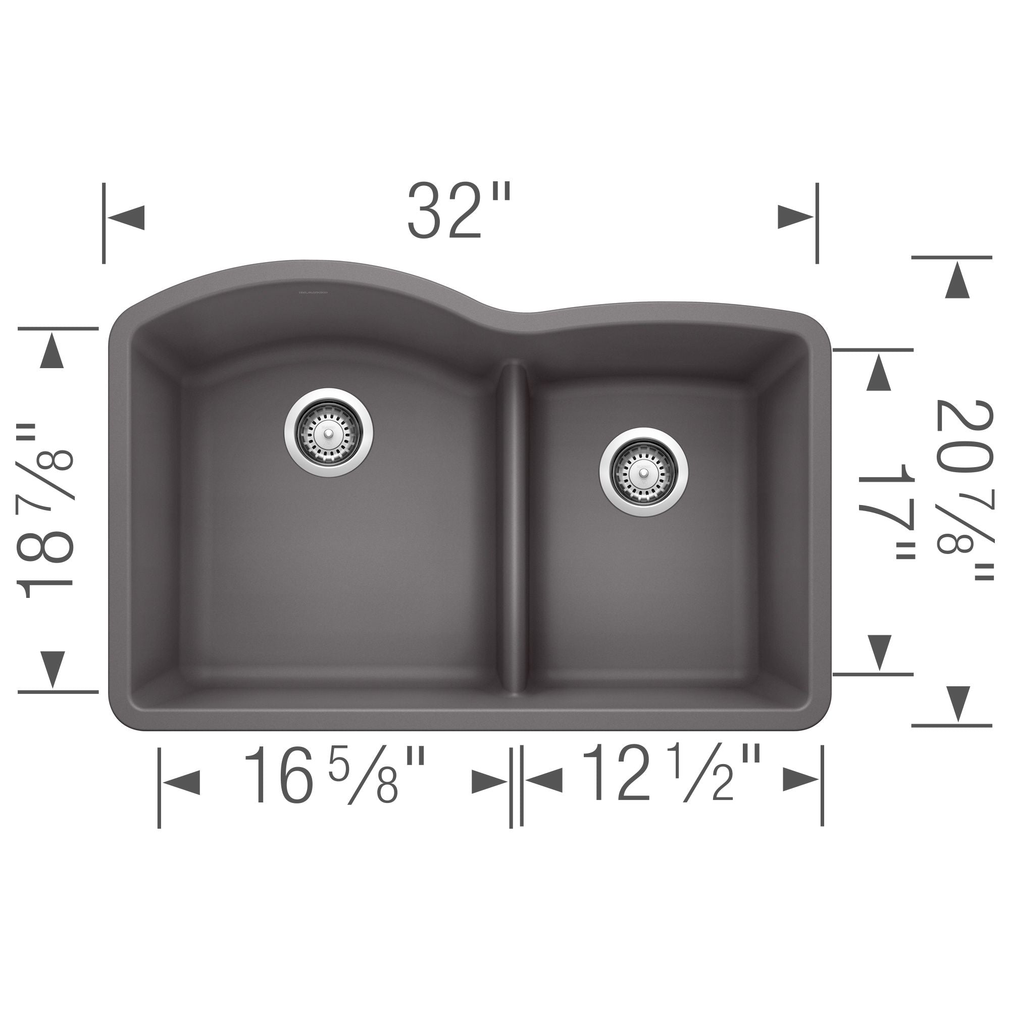 Blanco Diamond 32" Undermount Granite Composite Kitchen Sink, Silgranit, 60/40 Double Bowl, Cinder, 441591