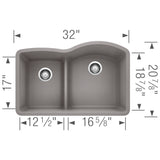 Blanco Diamond 32" Undermount Granite Composite Kitchen Sink, Silgranit, 40/60 Double Bowl, Metallic Gray, 441601