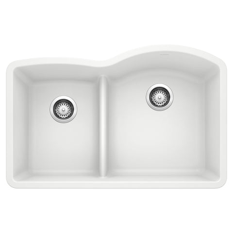 Blanco Diamond 32" Undermount Granite Composite Kitchen Sink, Silgranit, 40/60 Double Bowl, White, 441603