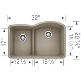 Blanco Diamond 32" Undermount Granite Composite Kitchen Sink, Silgranit, 40/60 Double Bowl, Truffle, 441608