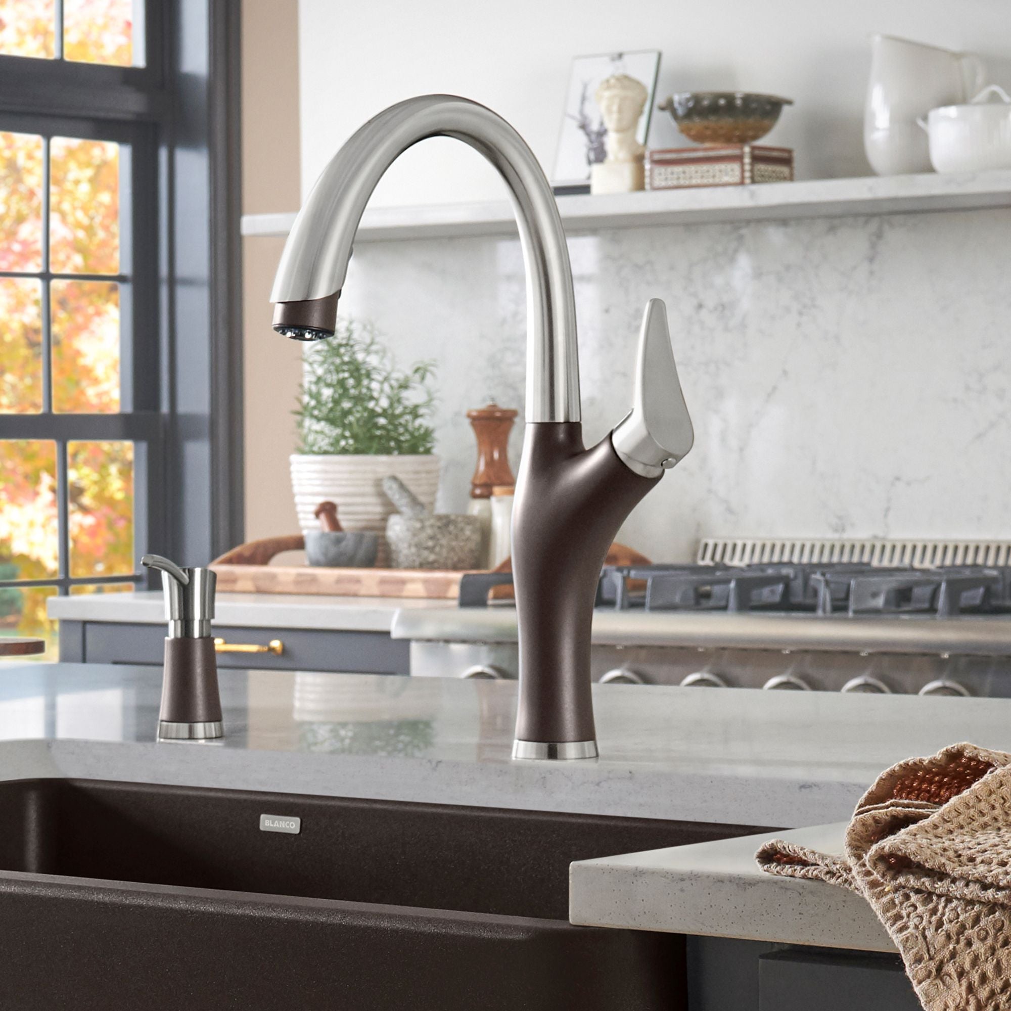 Blanco Artona 1.5 GPM Brass Kitchen Faucet, Pull-Down, Cafe/Stainless, 442032