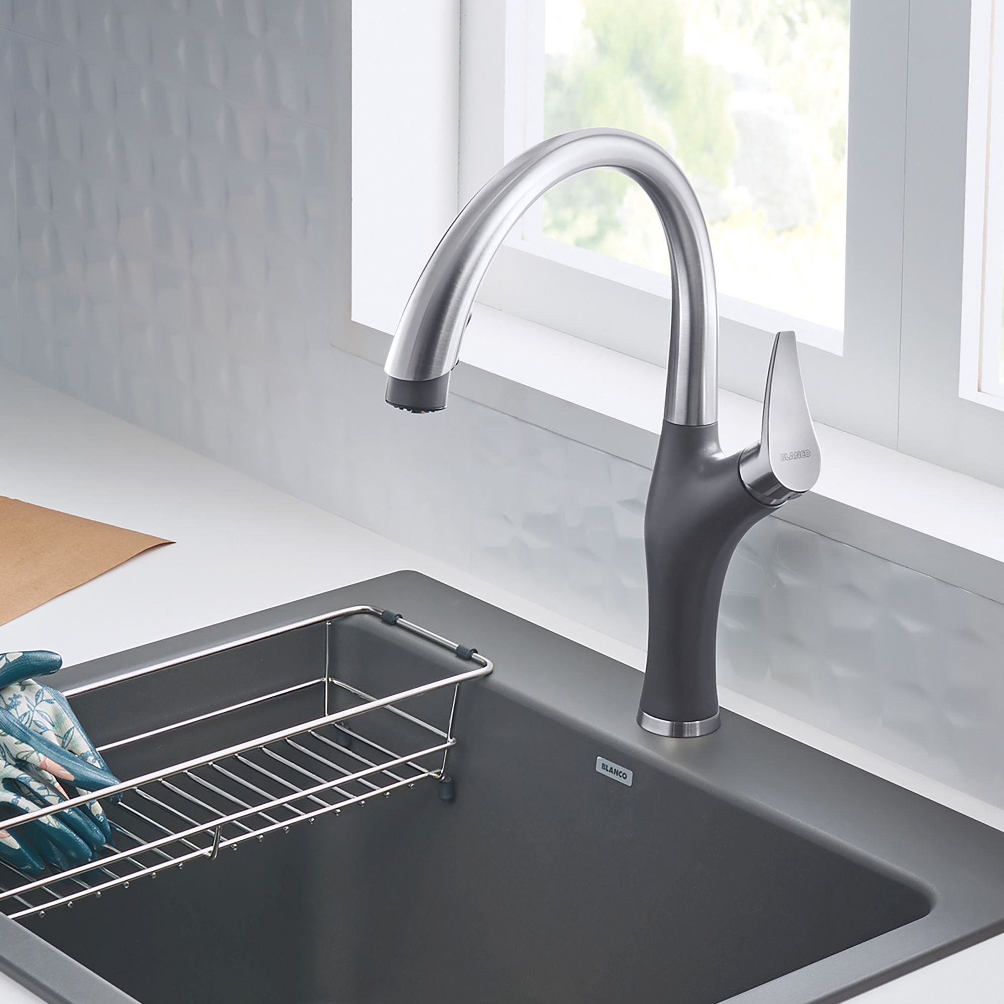 Blanco Artona 1.5 GPM Brass Kitchen Faucet, Pull-Down, Cinder/Stainless, 442033