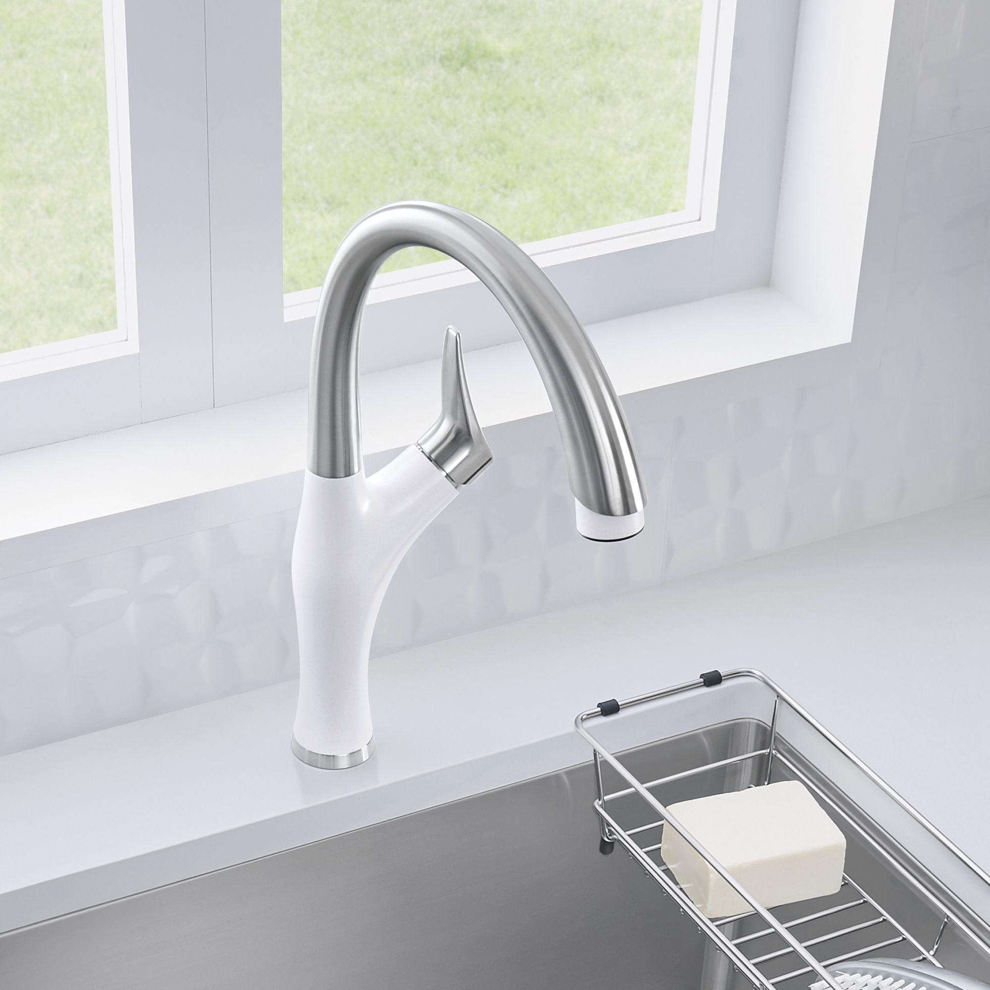 Blanco Artona 1.5 GPM Brass Kitchen Faucet, Pull-Down, White/Stainless, 442036