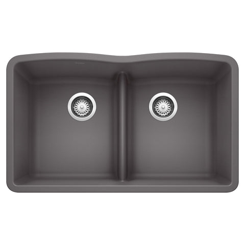 Blanco Diamond 32" Undermount Granite Composite Kitchen Sink, Silgranit, 50/50 Double Bowl, Cinder, 442071