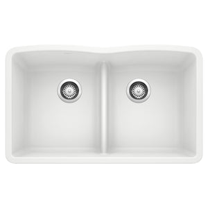 Alternate Image for Blanco Diamond 32" Undermount Granite Composite Kitchen Sink, Silgranit, 50/50 Double Bowl, White, 442074