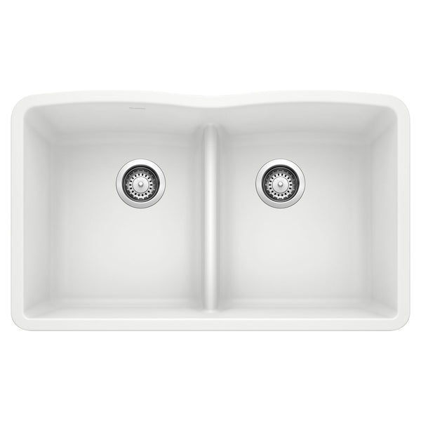 Blanco Diamond 32" Undermount Granite Composite Kitchen Sink, Silgranit, 50/50 Double Bowl, White, 442074