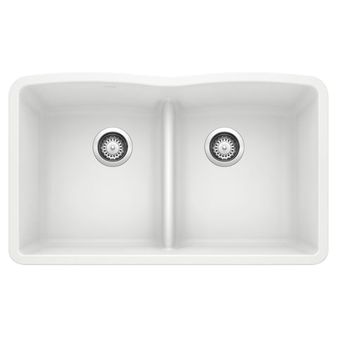 Blanco Diamond 32" Undermount Granite Composite Kitchen Sink, Silgranit, 50/50 Double Bowl, White, 442074