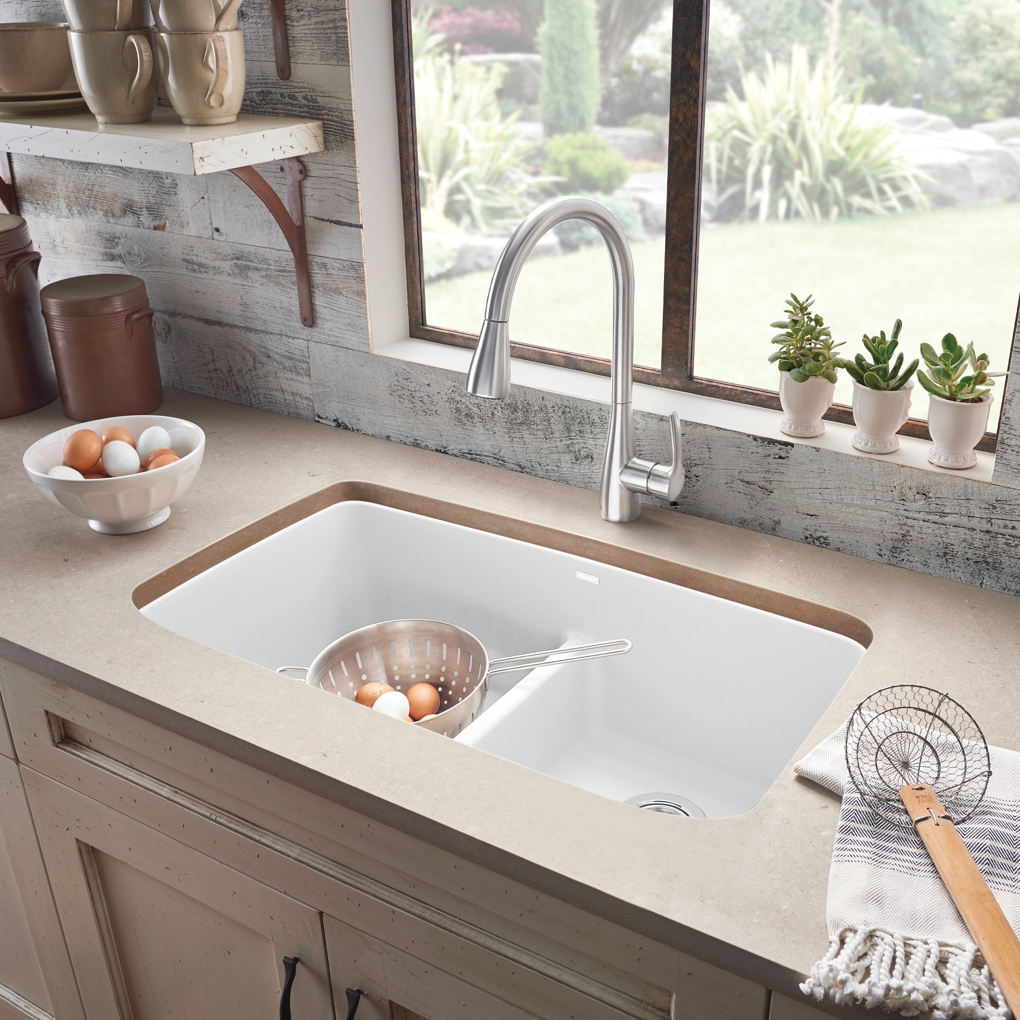 Blanco Valea 32" Undermount Granite Composite Kitchen Sink, Silgranit, 50/50 Double Bowl, White, 442199