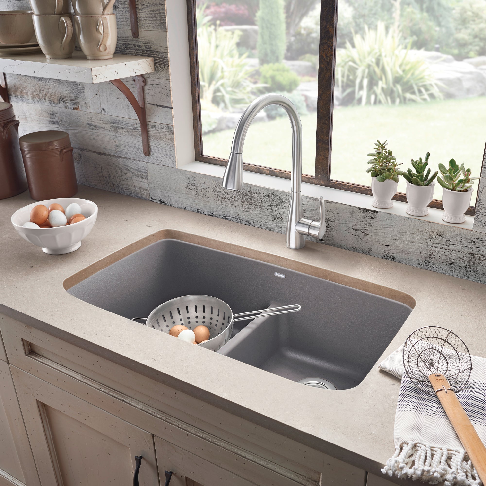 Blanco Valea 32" Undermount Granite Composite Kitchen Sink, Silgranit, 50/50 Double Bowl, Metallic Gray, 442202