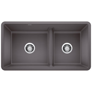 Alternate Image for Blanco Precis 33" Undermount Granite Composite Kitchen Sink, Silgranit, 60/40 Double Bowl, Cinder, 442521